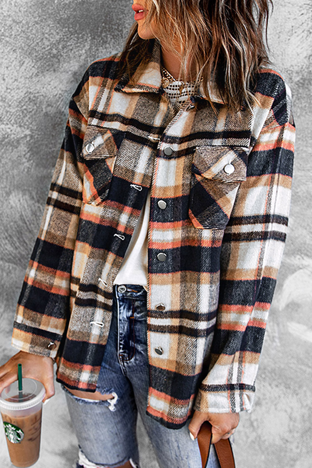 Geometric Plaid Print Pocketed Shacket - Glimmer Road