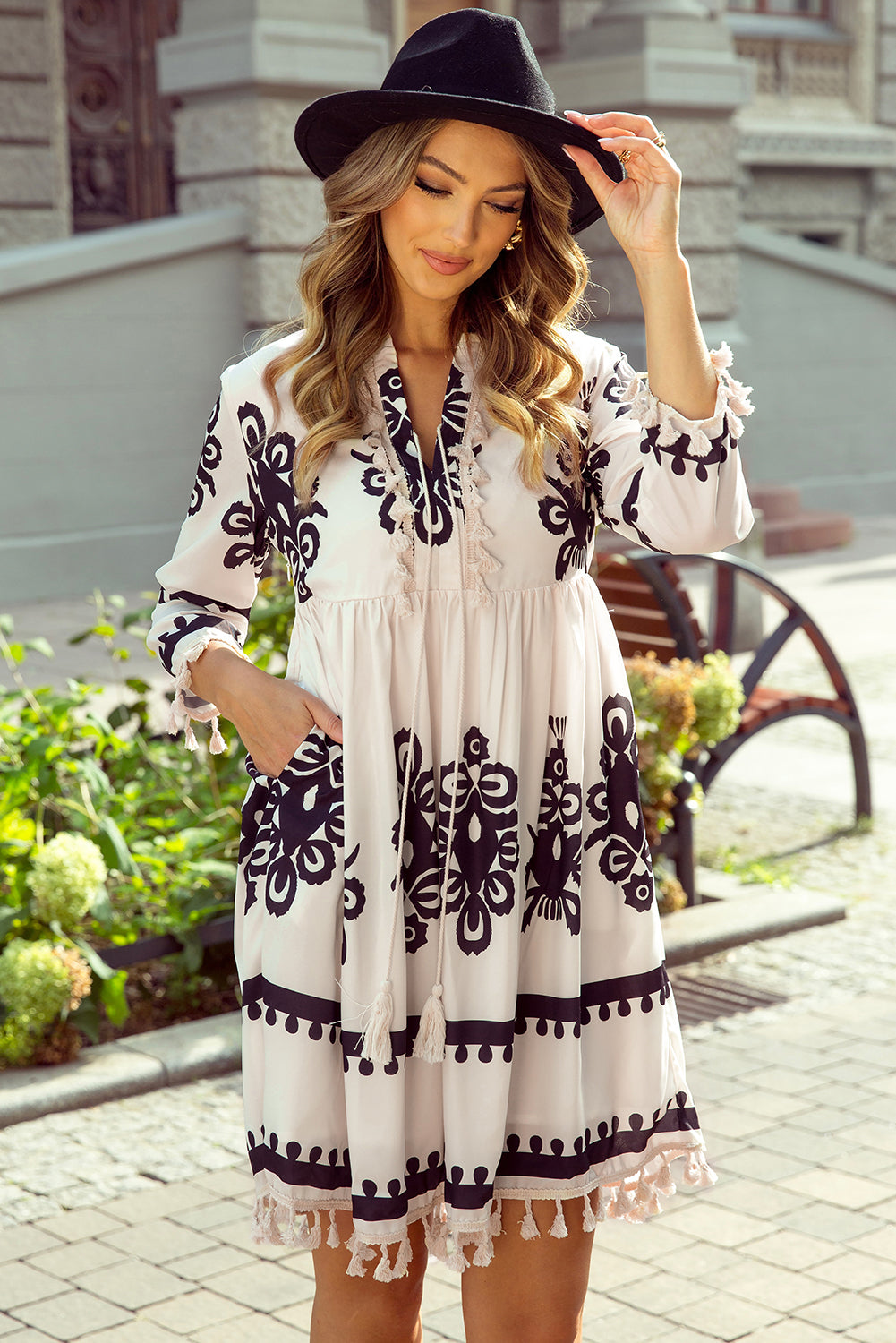 Beige Western Pattern Print Tasseled Notch V Neck Mini Dress - Glimmer Road