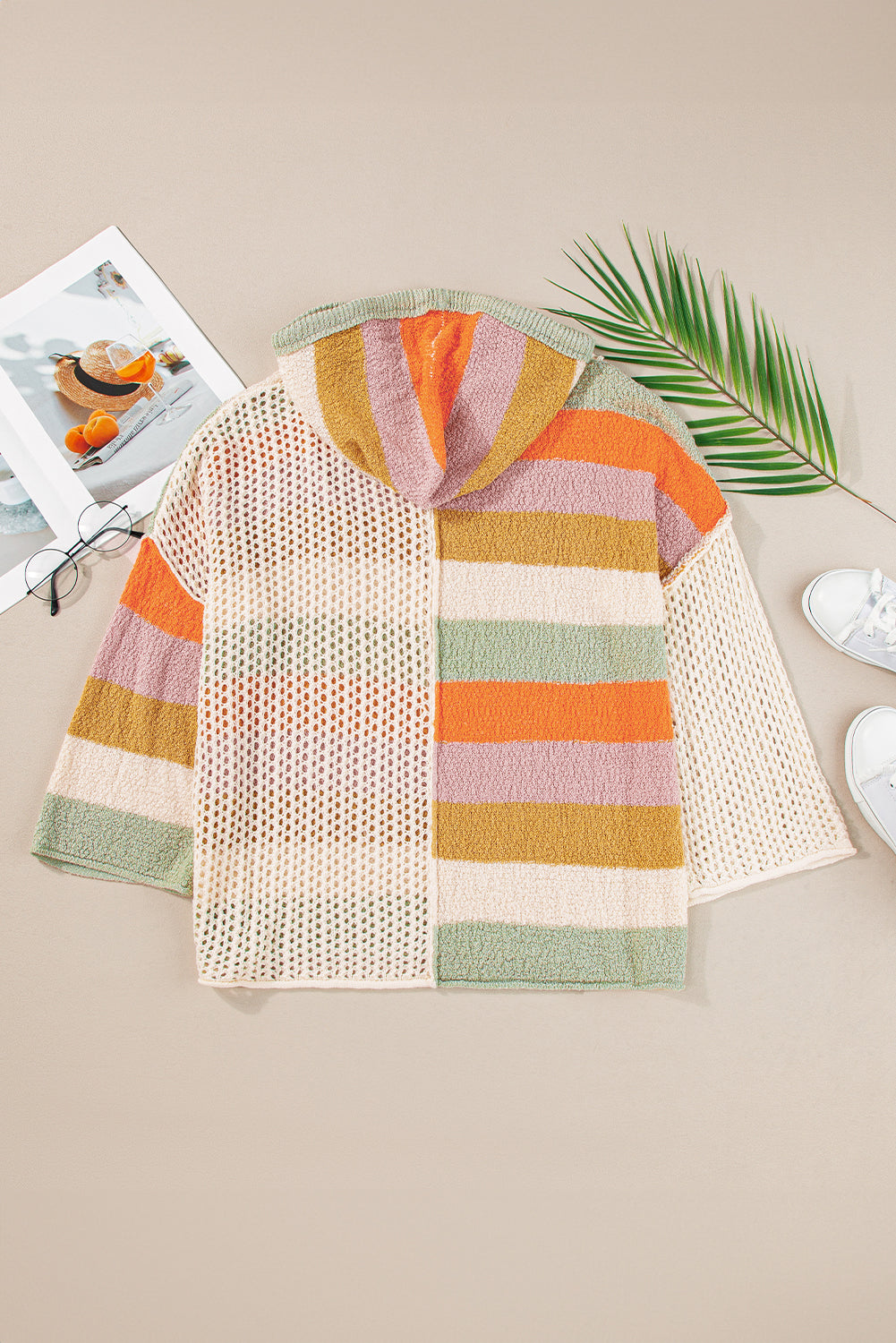 Beige Oversized Colorblock V Neck Hooded Sweater - Glimmer Road