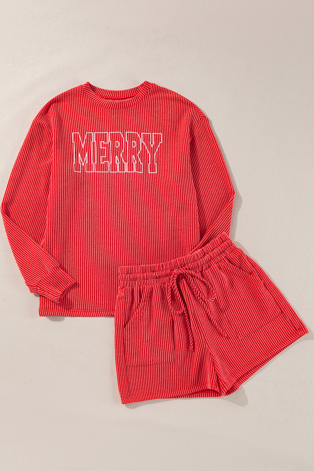 Racing Red Corded MERRY Graphic Long Sleeve Top and Shorts Set - Glimmer Road