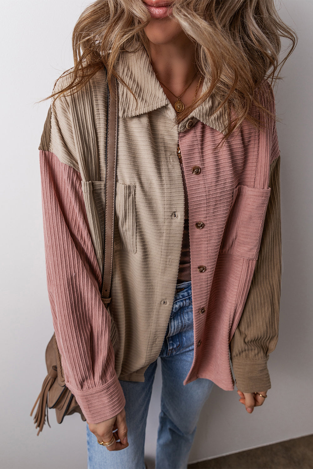 Mineral Red Color Block Chest Pockets Buttoned Corduroy Shacket - Glimmer Road