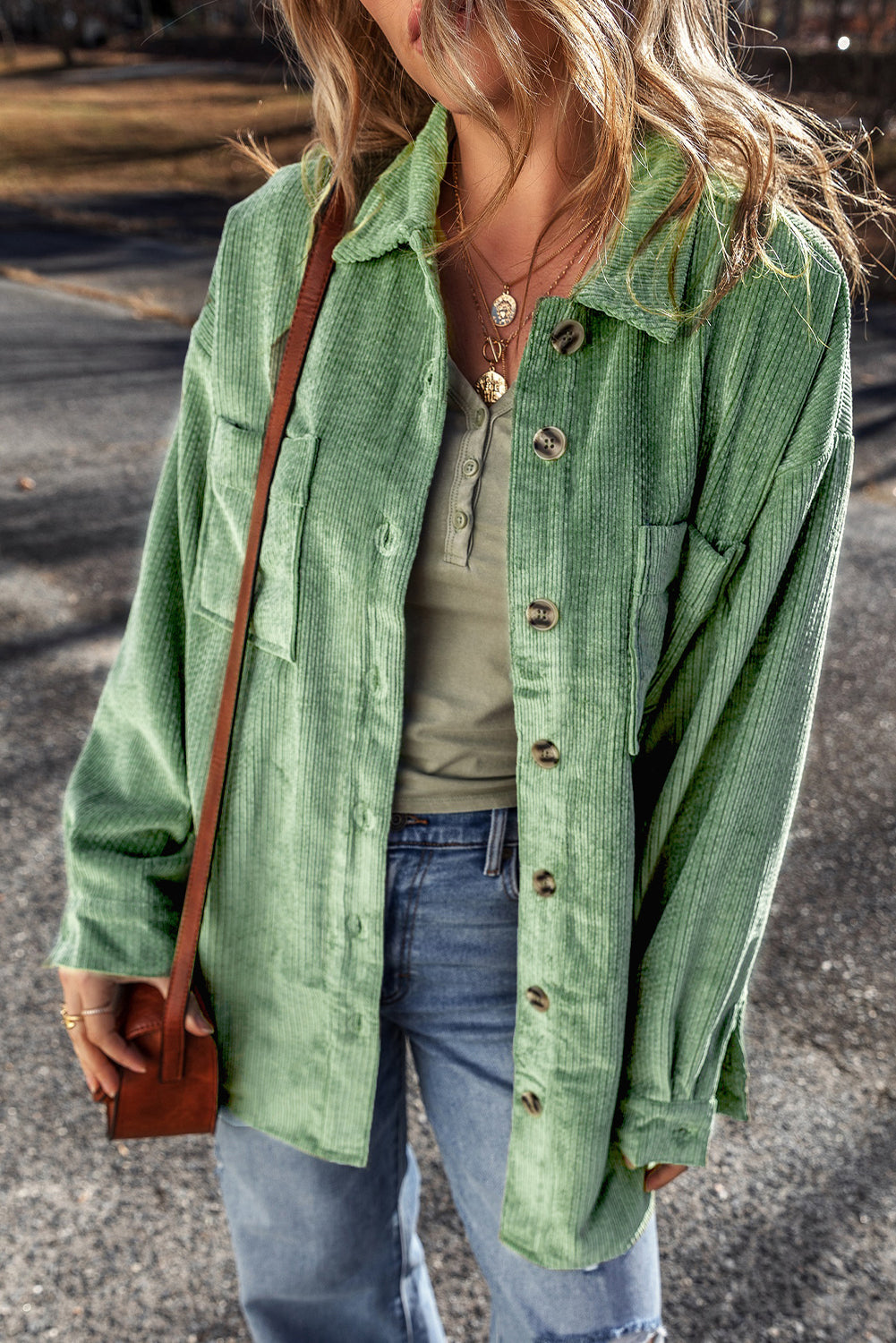 Mist Green Patched Pocket Button Up Corduroy Shacket - Glimmer Road