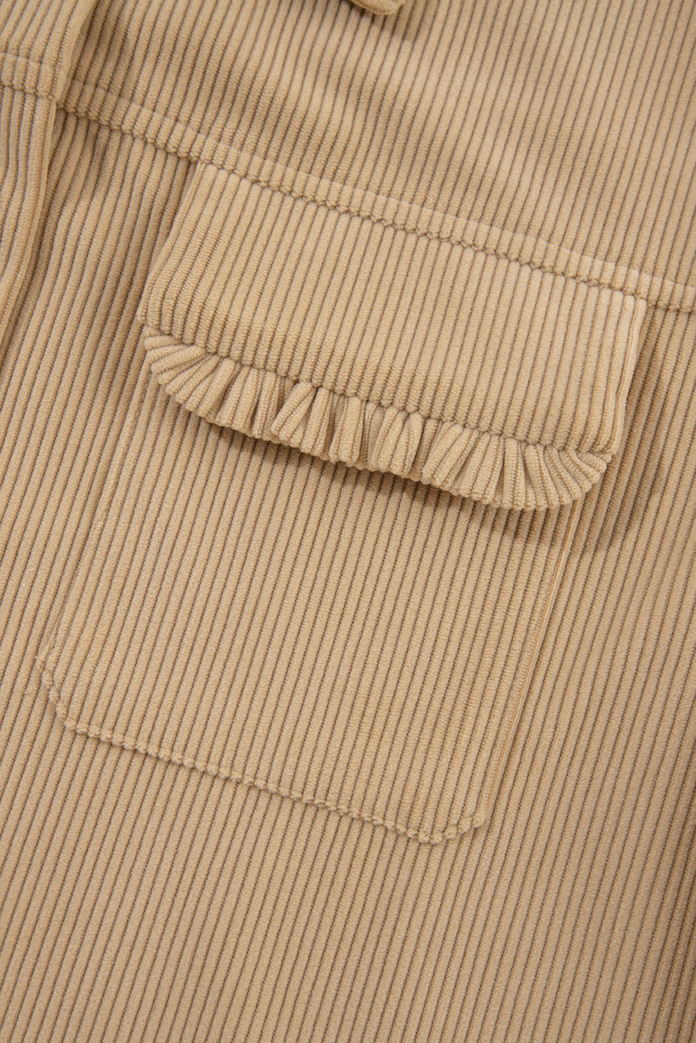 Light French Beige Solid Frilled Flap Pocket Button Up Corduroy Shacket - Glimmer Road