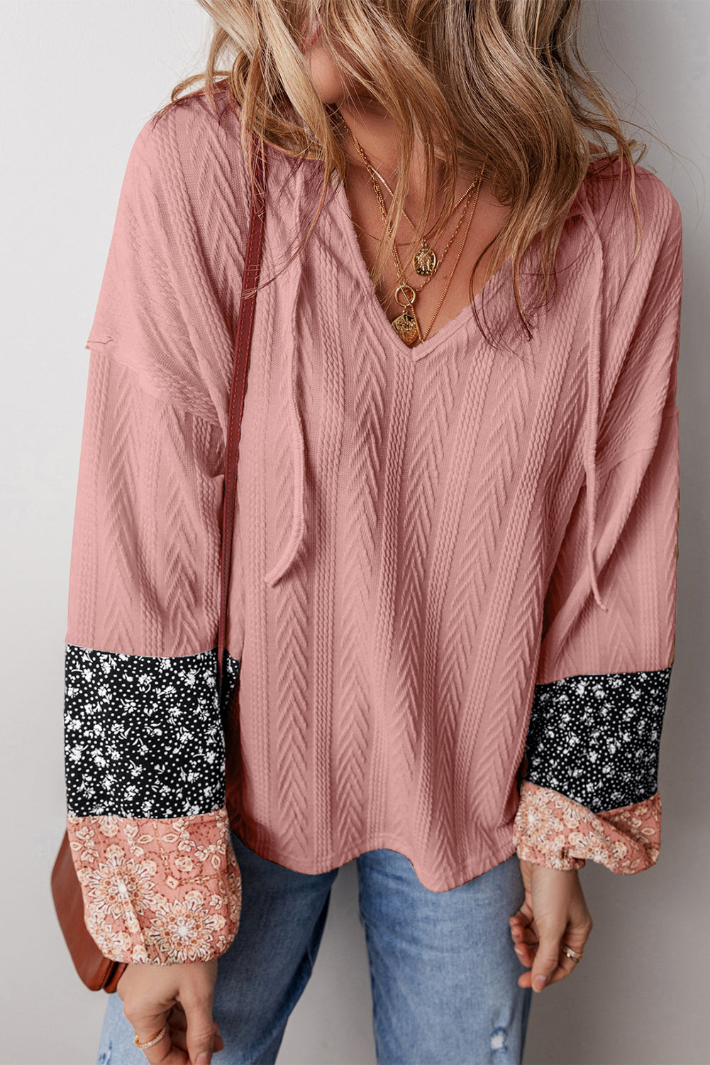 Black Floral Patchwork Textured Knit Drawstring V Neck Blouse - Glimmer Road