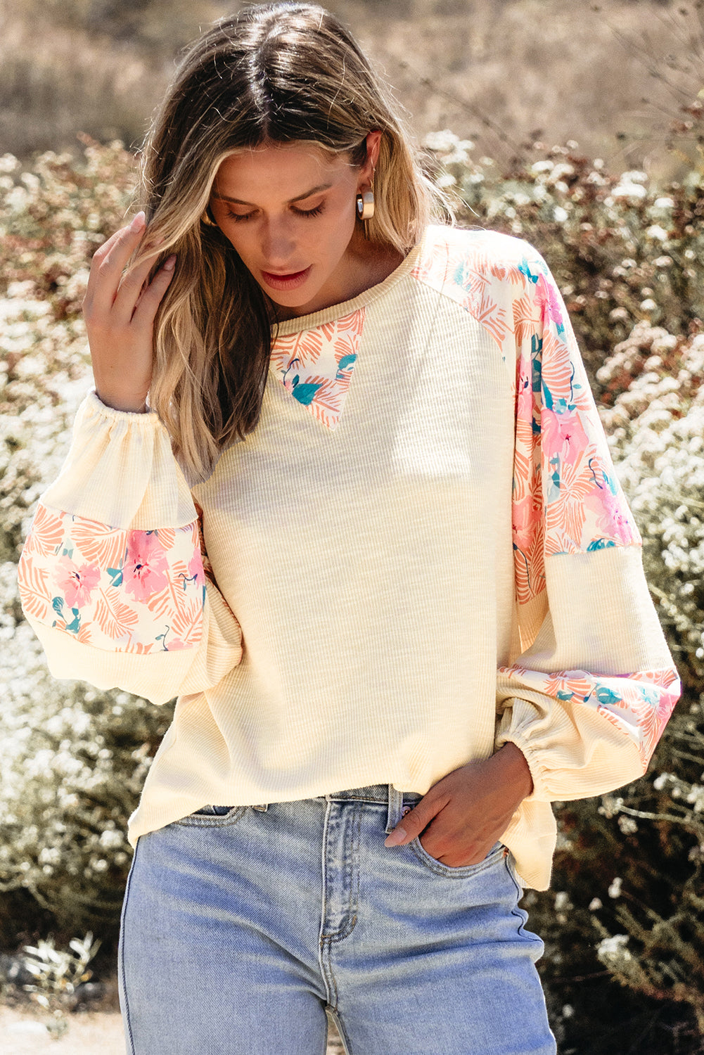 Apricot Textured Floral Patchwork Balloon Sleeve Blouse - Glimmer Road
