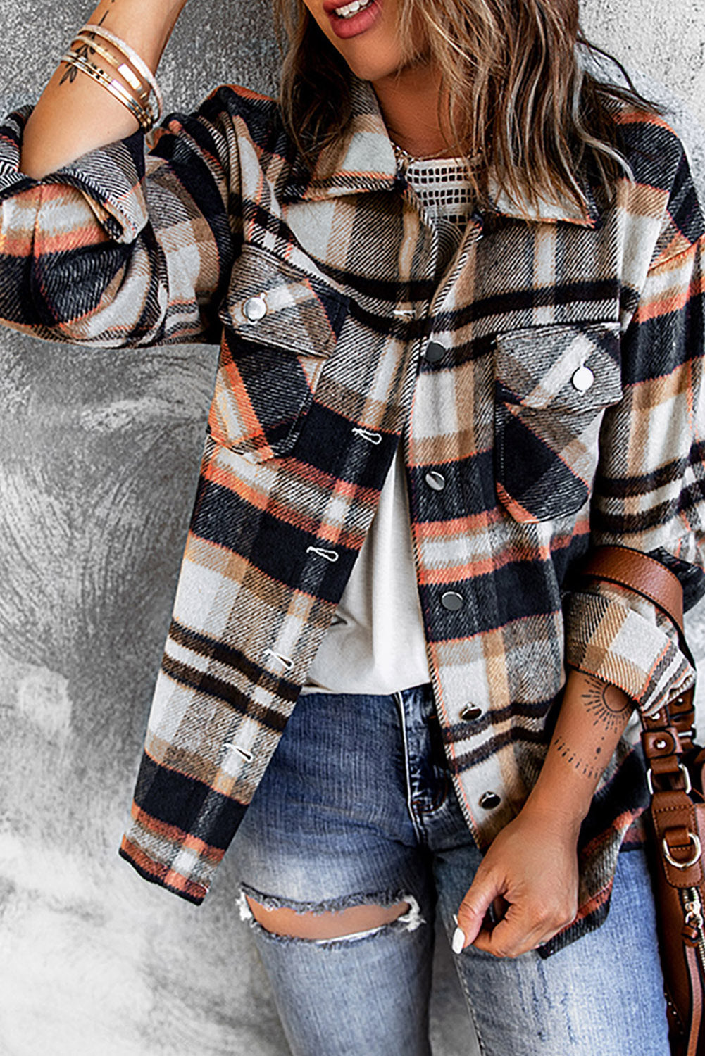 Geometric Plaid Print Pocketed Shacket - Glimmer Road