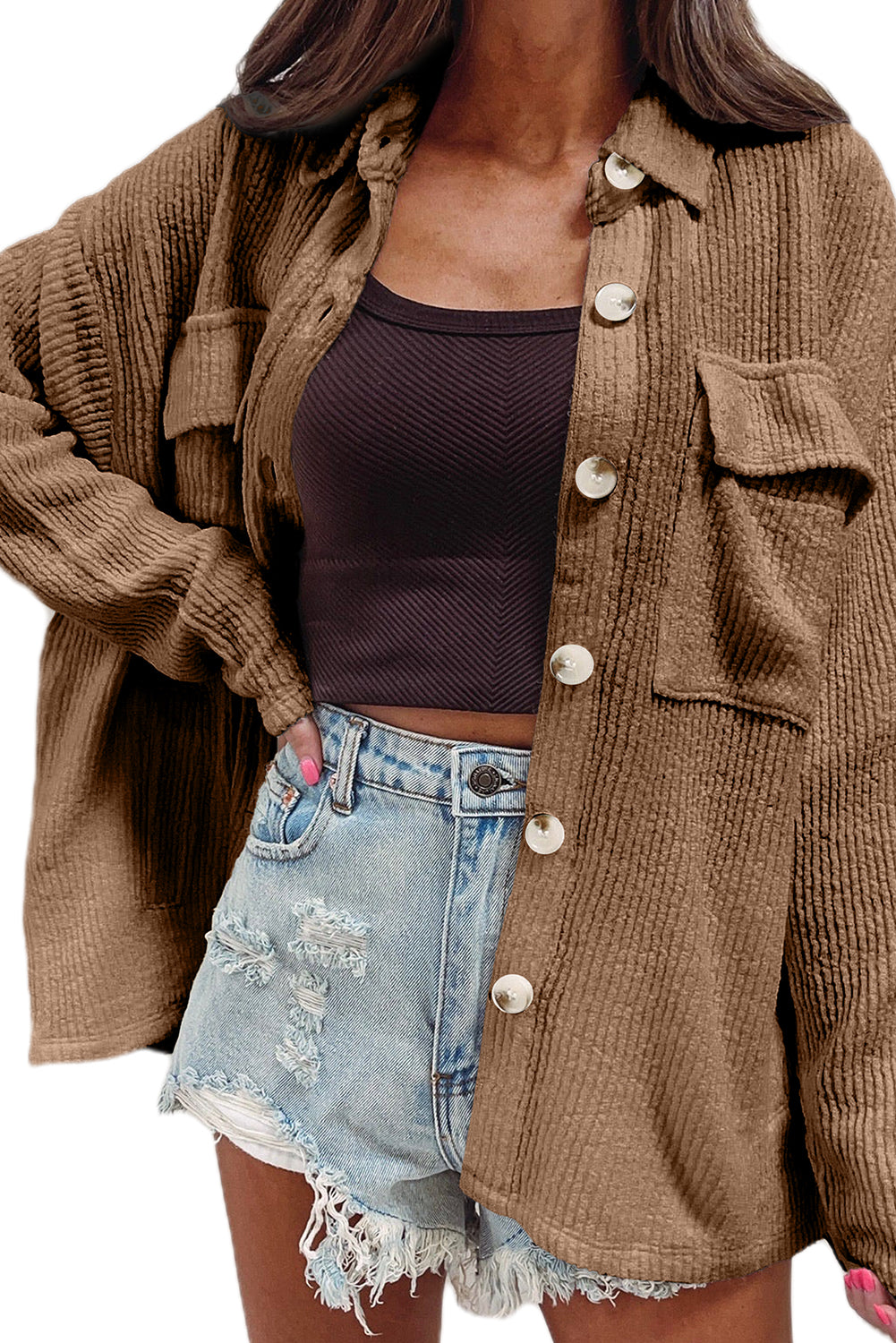 Dark Khaki Solid Color Corduroy Buttoned Long Sleeve Shacket - Glimmer Road