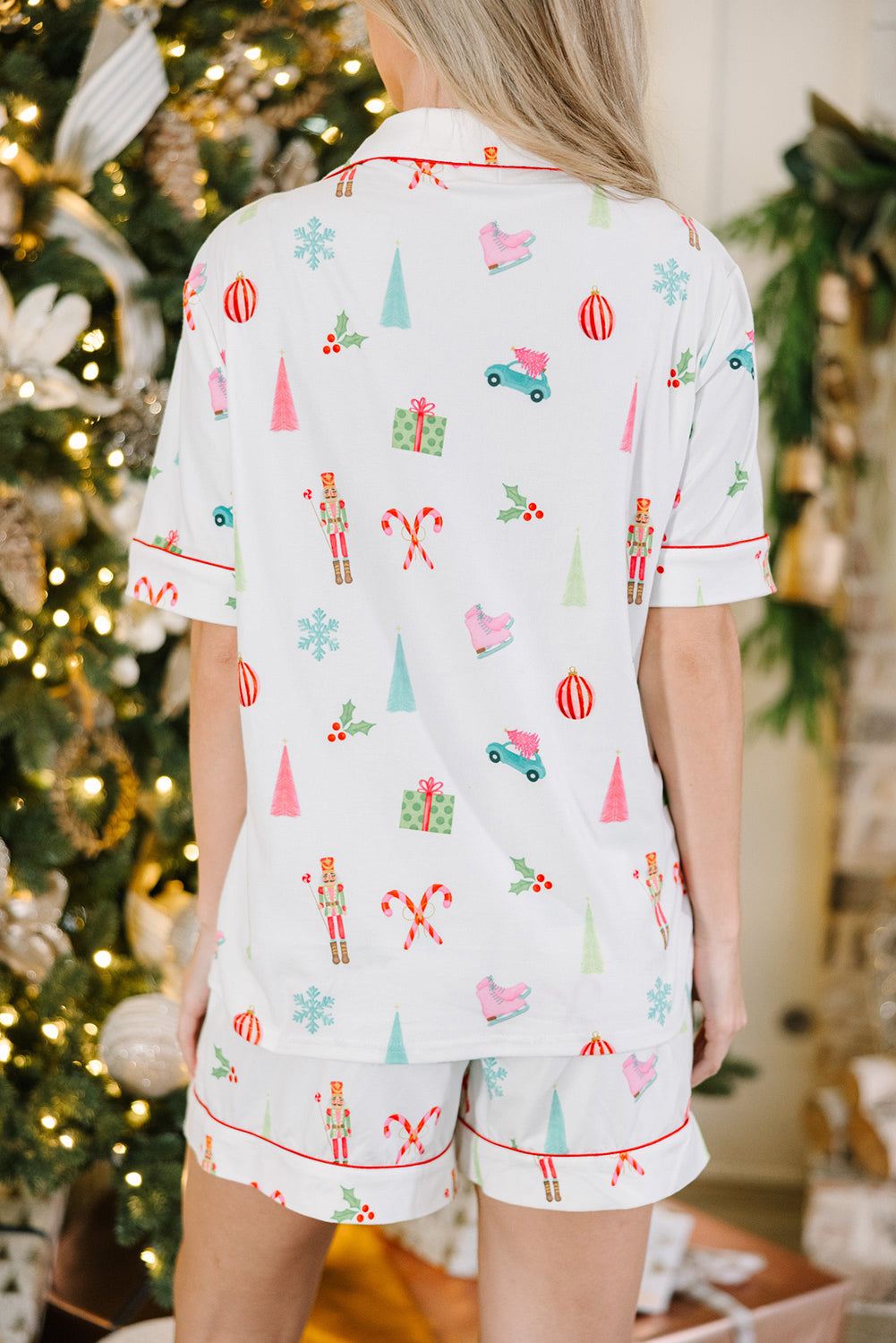 White Christmas Print Short Sleeve Shirt and Shorts Pajama Set - Glimmer Road