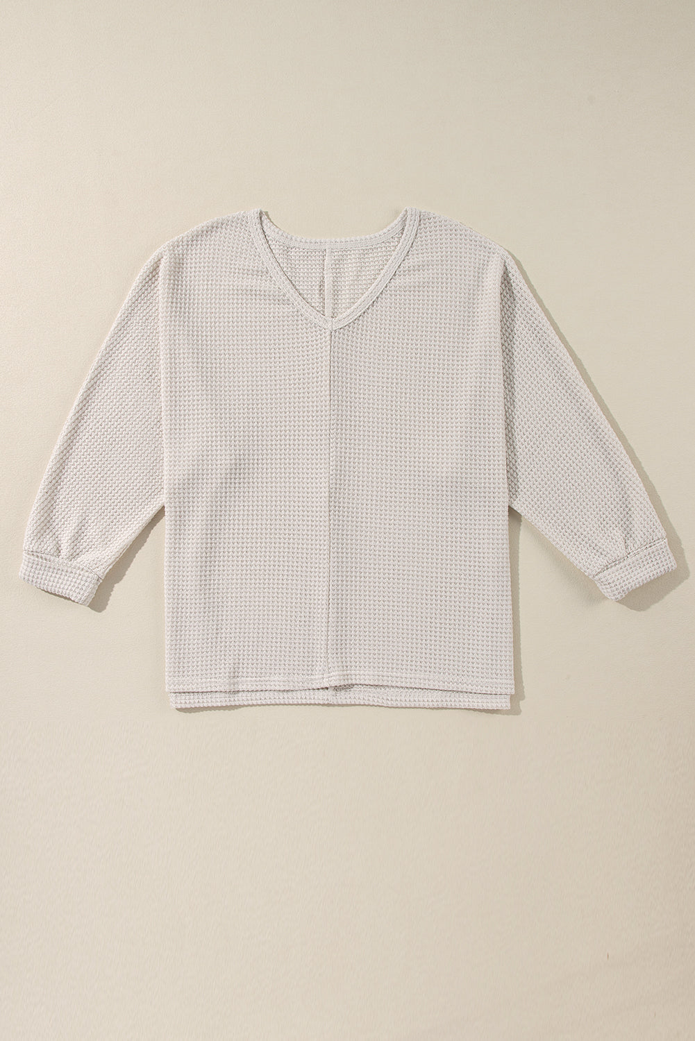 White Waffle Knit Side Slits Loose Fit V Neck Top - Glimmer Road