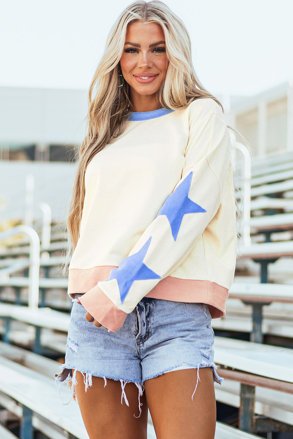 Beige Star Patchwork Exposed Seam Oversized Sweatshirt - Glimmer Road
