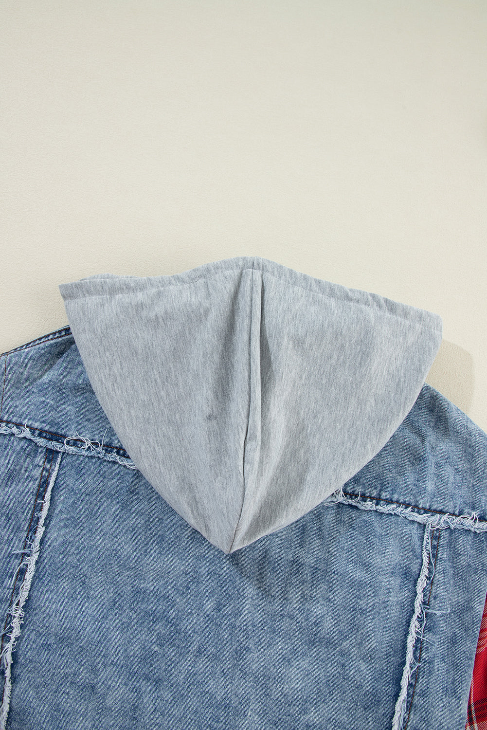 Beau Blue Plaid Print Patchwork Hooded Raw Hem Denim Jacket - Glimmer Road