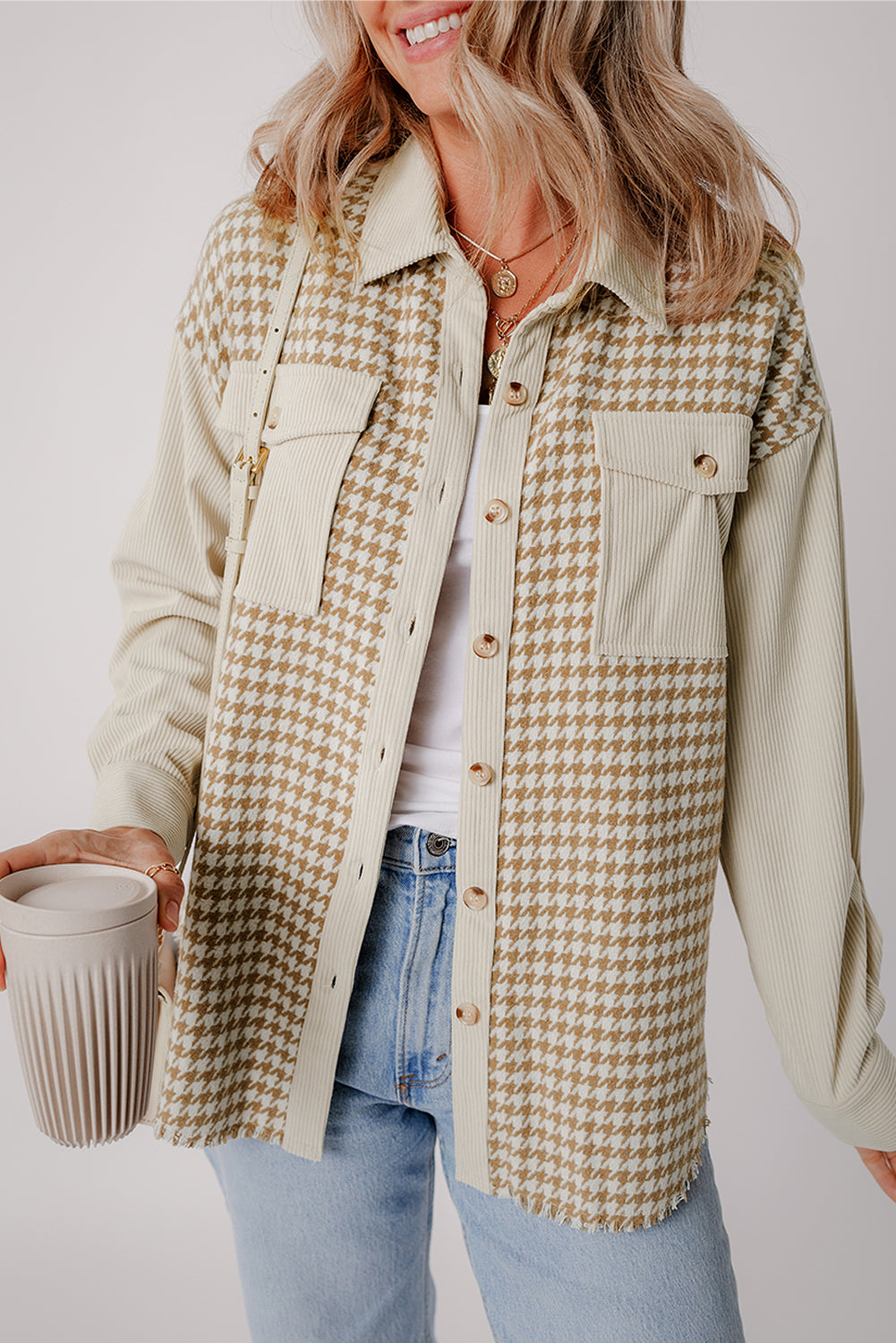 Parchment Houndstooth Corduroy Patchwork Flap Pocket Shacket - Glimmer Road