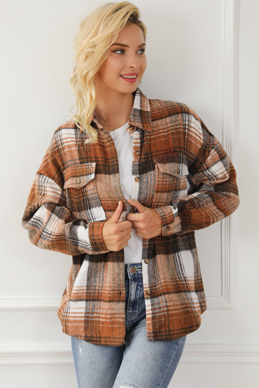 Brown Plaid Flap Pockets Shacket - Glimmer Road