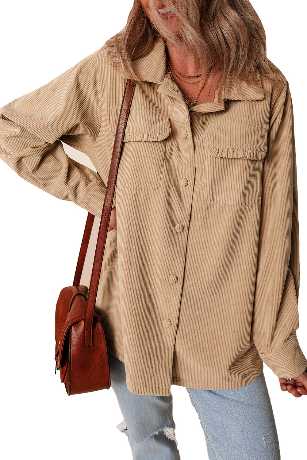 Light French Beige Solid Frilled Flap Pocket Button Up Corduroy Shacket - Glimmer Road