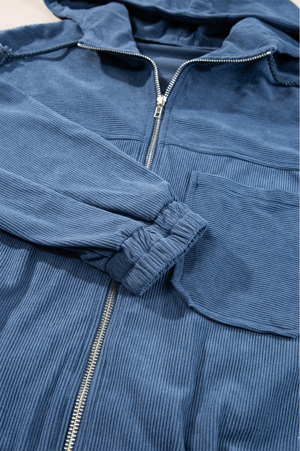 Real Teal Corduroy Drawstring Hooded Pocket Zip Up Jacket - Glimmer Road