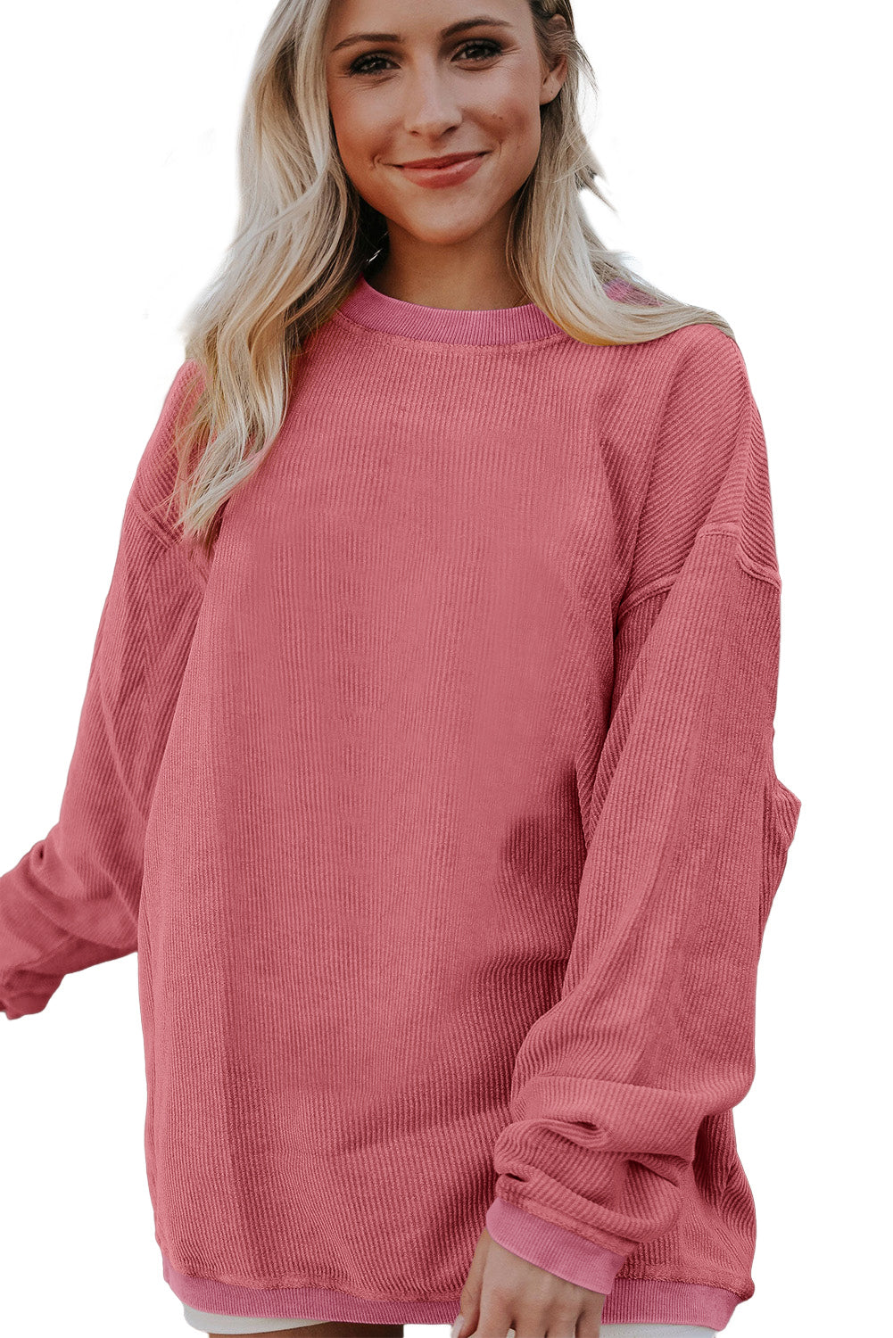 Strawberry Pink Ribbed Corduroy Oversized Sweatshirt - Glimmer Road