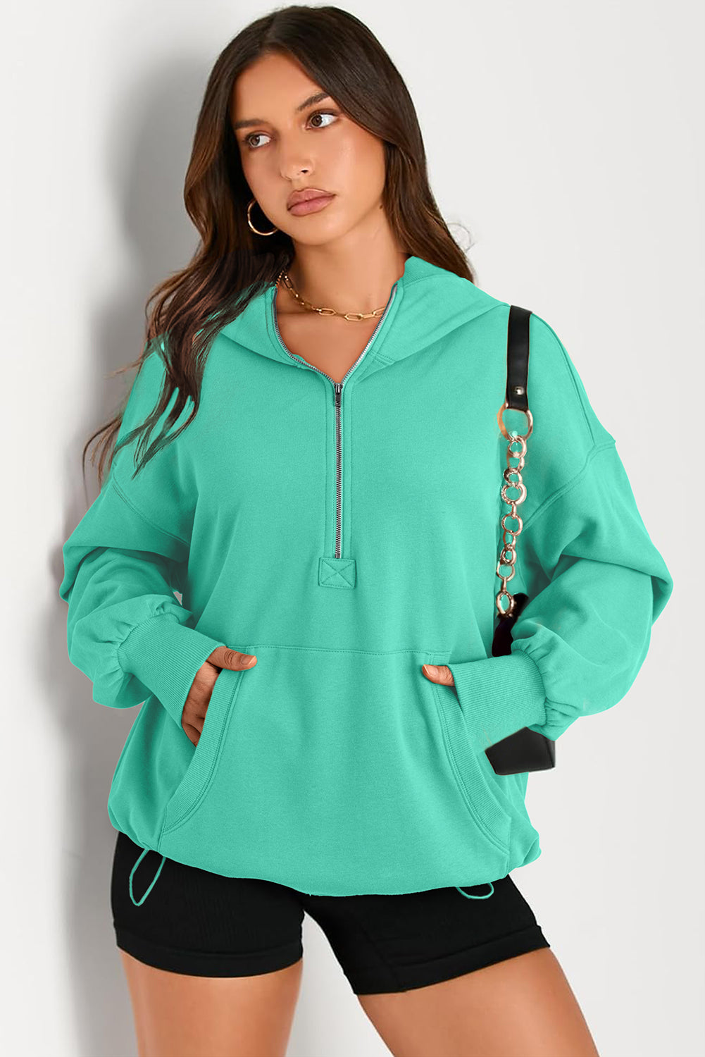 Orange Solid Kangaroo Pocket Half Zipper Oversized Hoodie - Glimmer Road