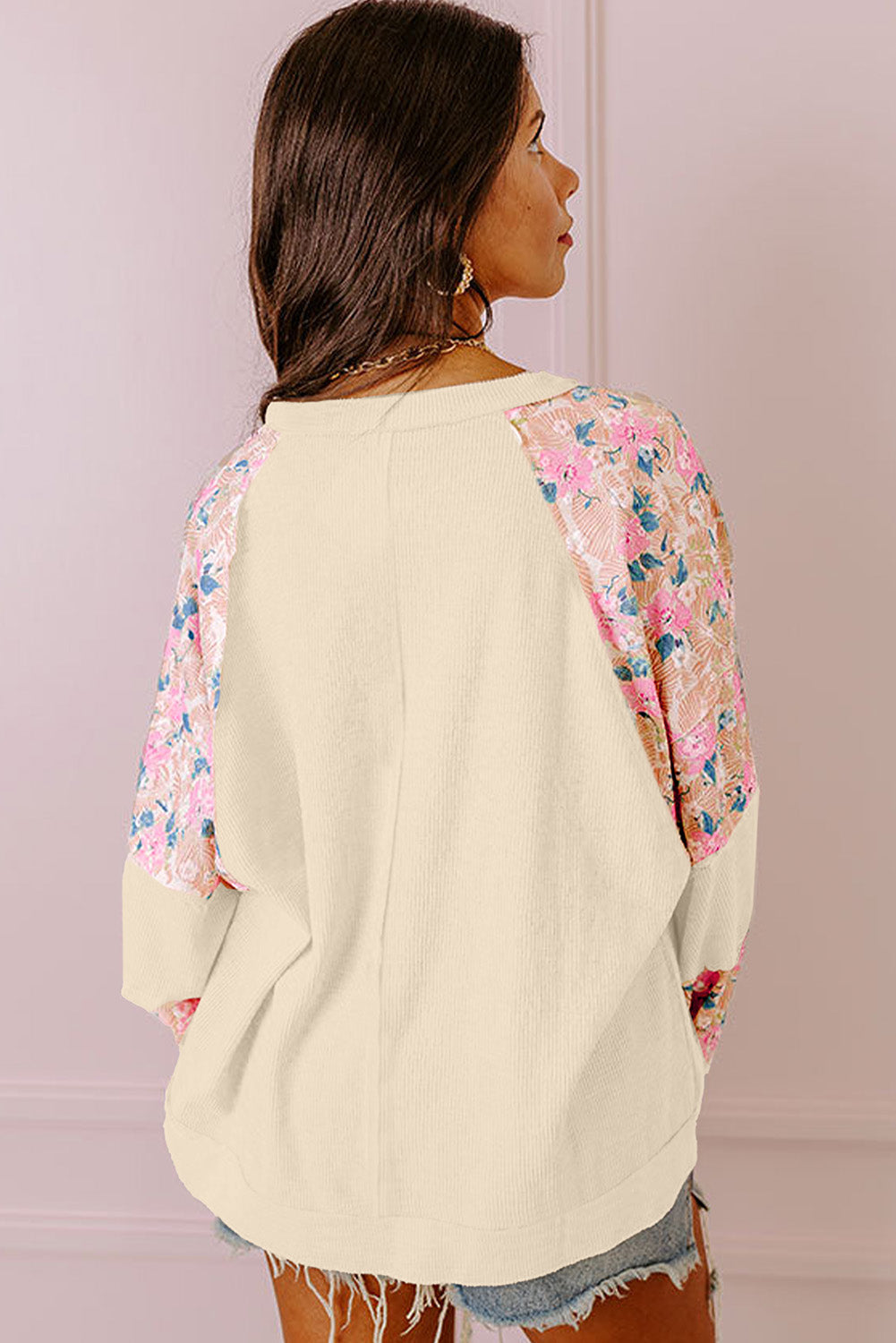 Apricot Textured Floral Patchwork Balloon Sleeve Blouse - Glimmer Road
