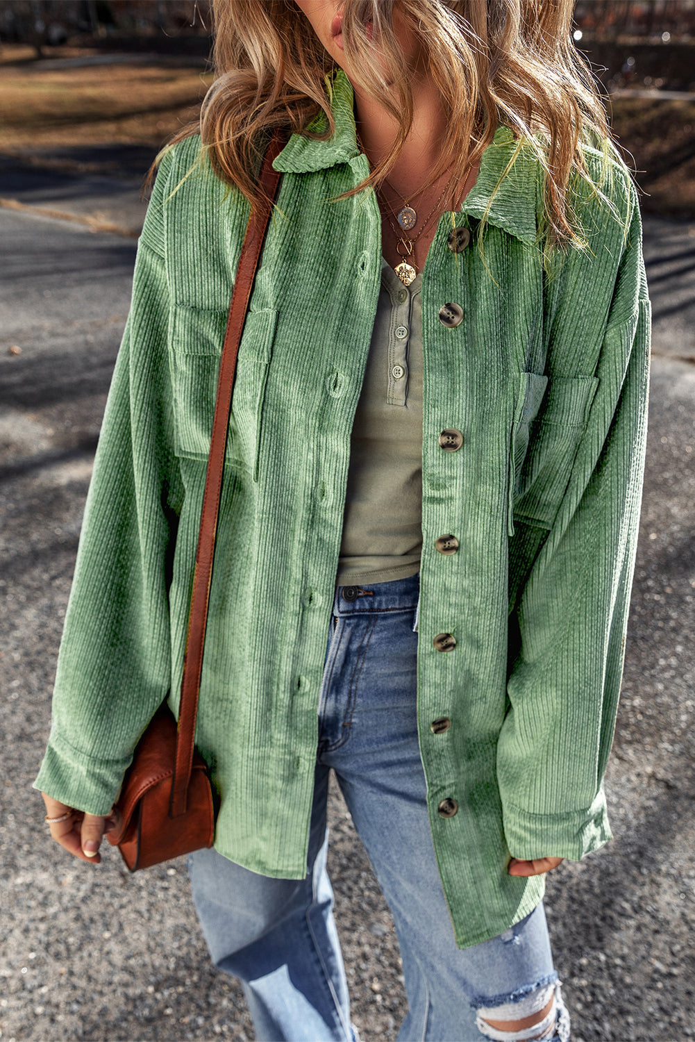 Mist Green Patched Pocket Button Up Corduroy Shacket - Glimmer Road