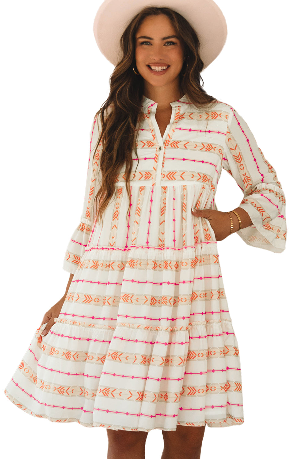 Orange Bohemian Printed Bracelet Sleeve Slit Neck Ruffled Loose Dress - Glimmer Road