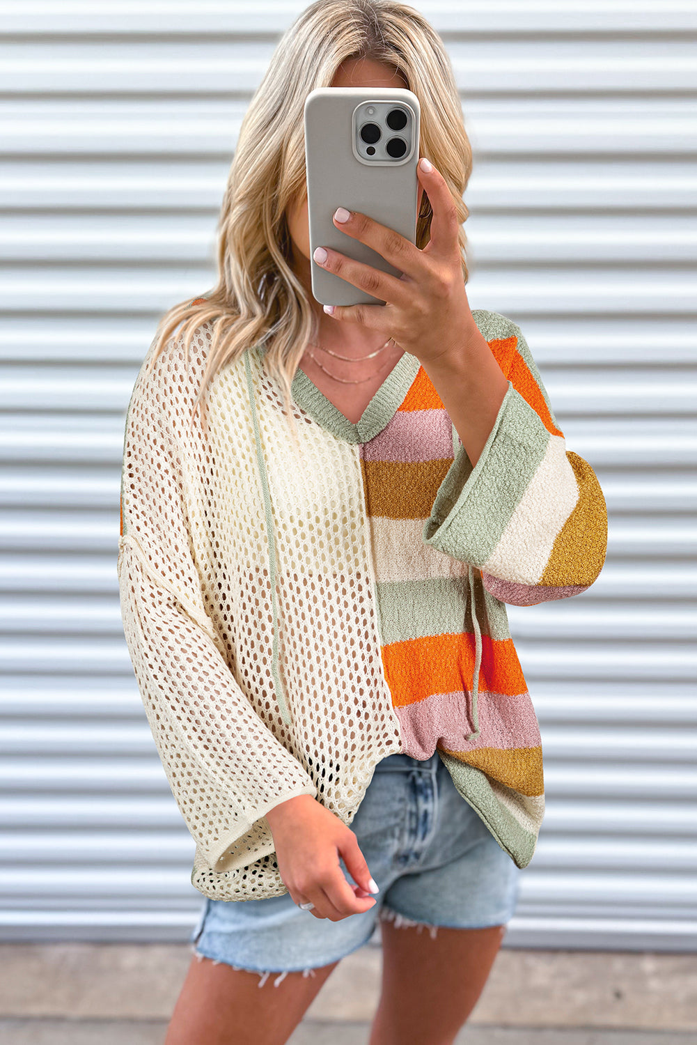 Beige Oversized Colorblock V Neck Hooded Sweater - Glimmer Road