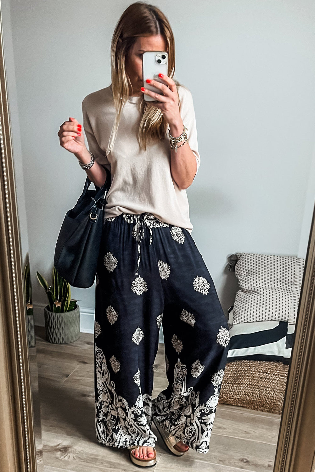 Black Bohemian Printed Drawstring Waist Wide Leg Pants - Glimmer Road