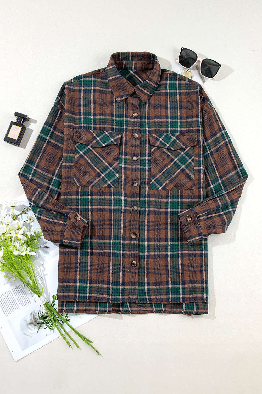 Brown Plaid Print Chest Pockets Buttoned Shirt Jacket - Glimmer Road