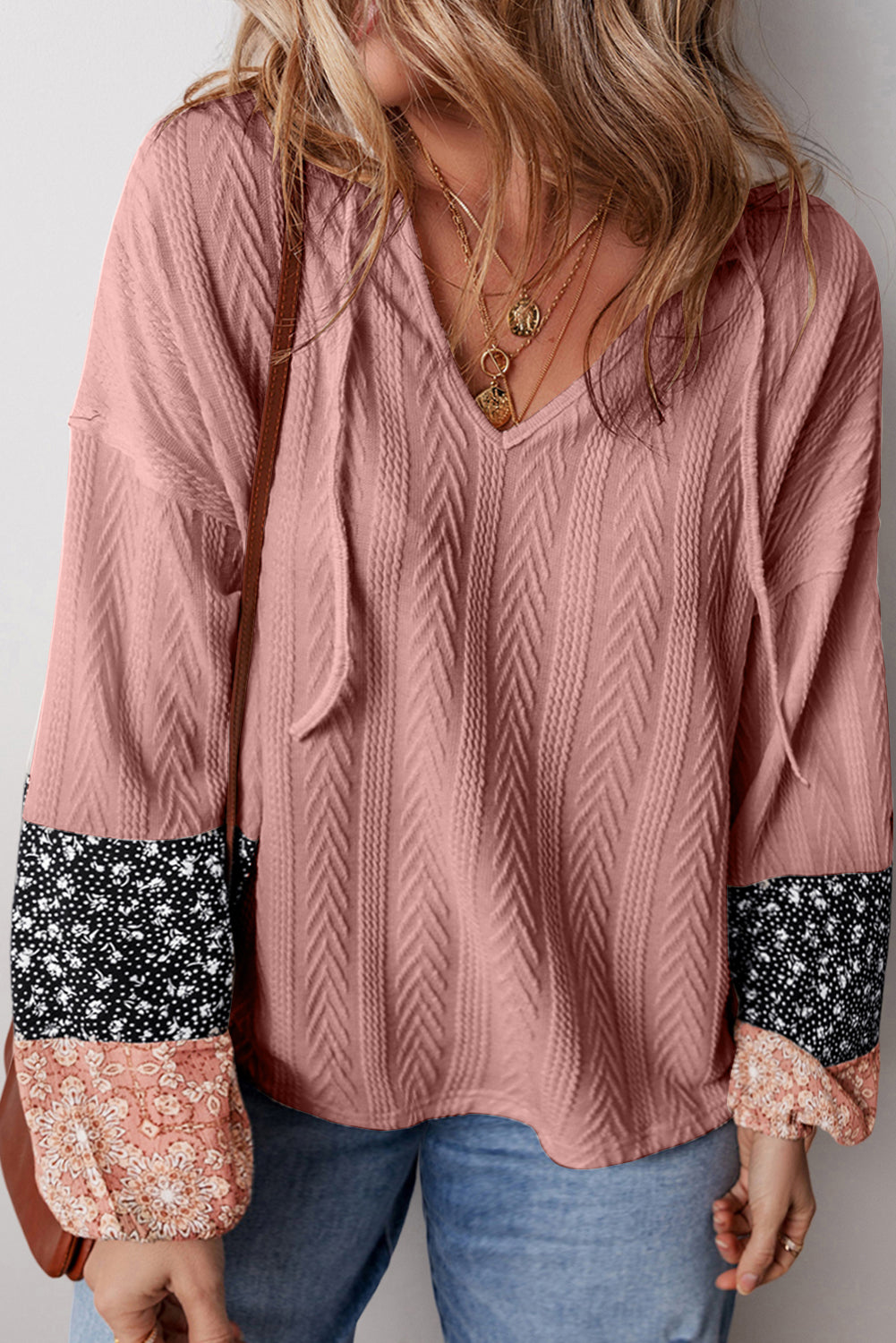Black Floral Patchwork Textured Knit Drawstring V Neck Blouse - Glimmer Road