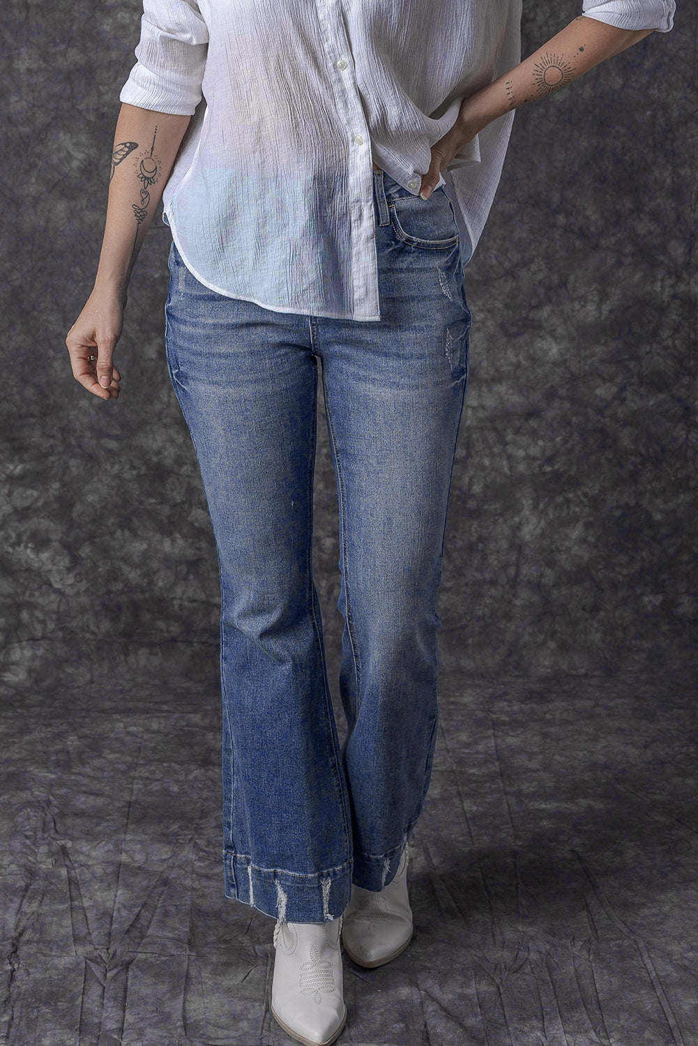 Sky Blue Slight Distressed Medium Wash Flare Jeans - Glimmer Road