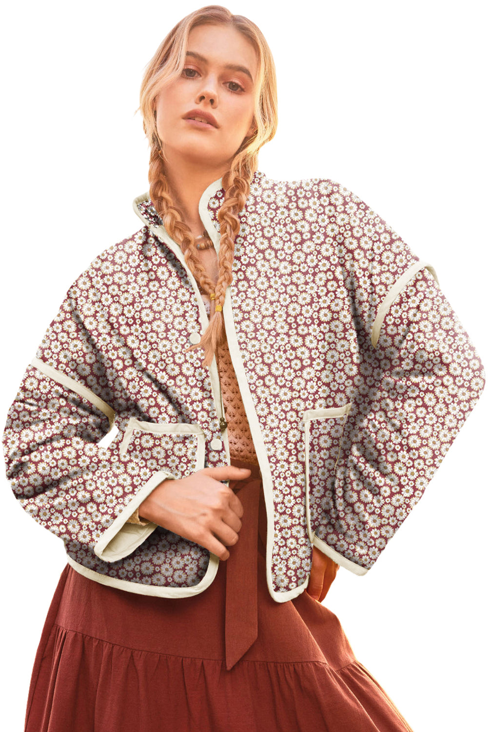 Pink Floral Print Contrast Edge Stand Neck Coat - Glimmer Road