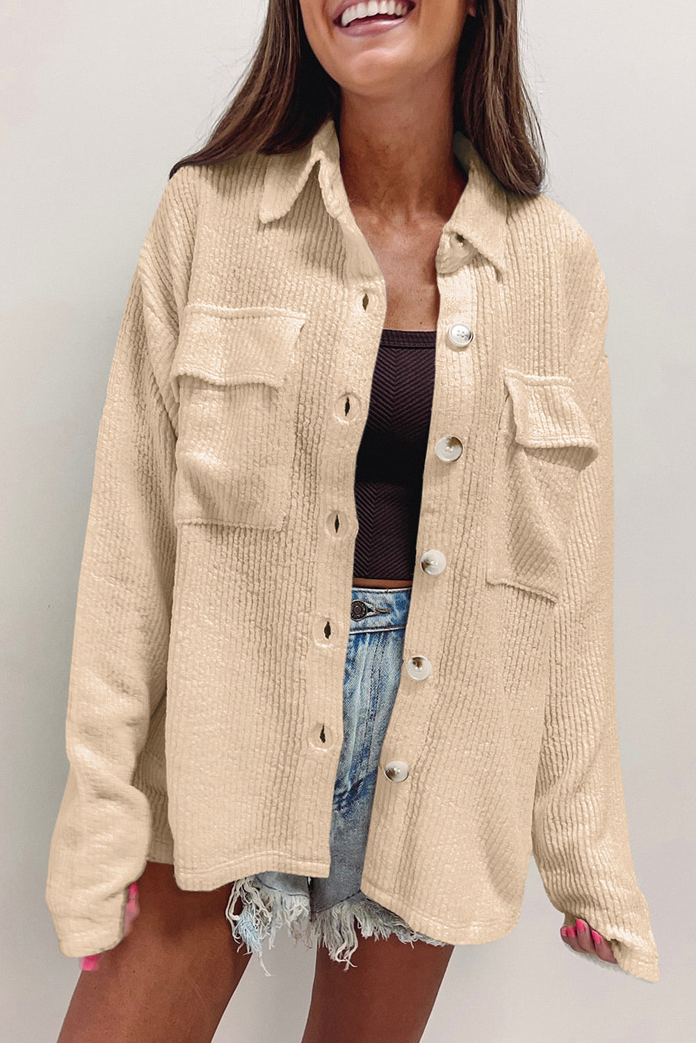 Dark Khaki Solid Color Corduroy Buttoned Long Sleeve Shacket - Glimmer Road