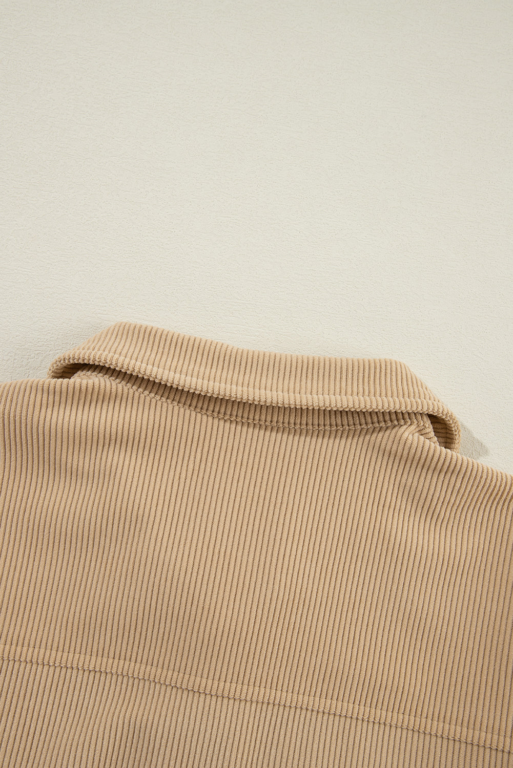 Light French Beige Solid Frilled Flap Pocket Button Up Corduroy Shacket - Glimmer Road