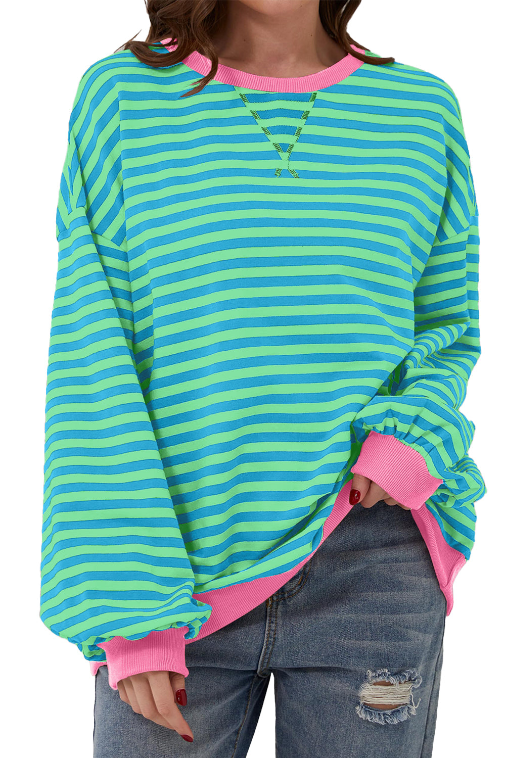Sky Blue Stripe Oversized Contrast Trim Pullover Sweatshirt - Glimmer Road