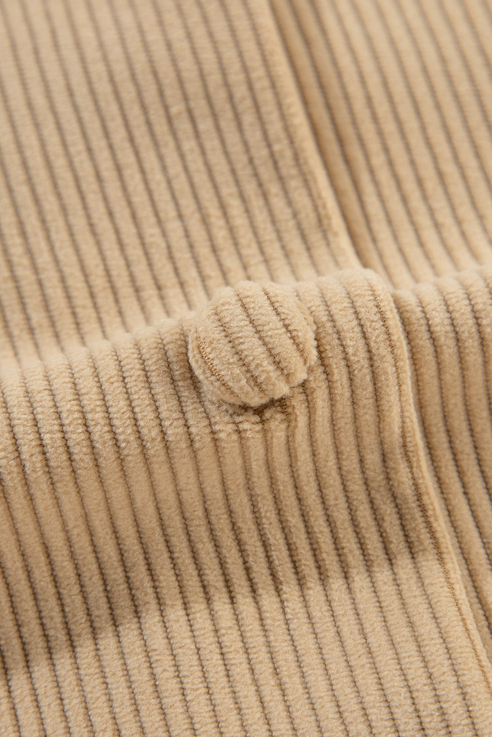 Light French Beige Solid Frilled Flap Pocket Button Up Corduroy Shacket - Glimmer Road
