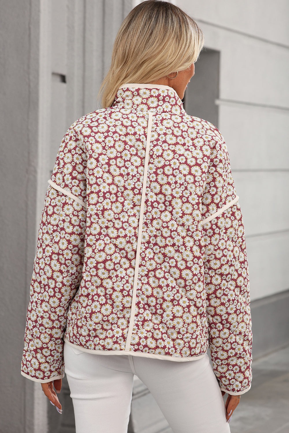 Pink Floral Print Contrast Edge Stand Neck Coat - Glimmer Road