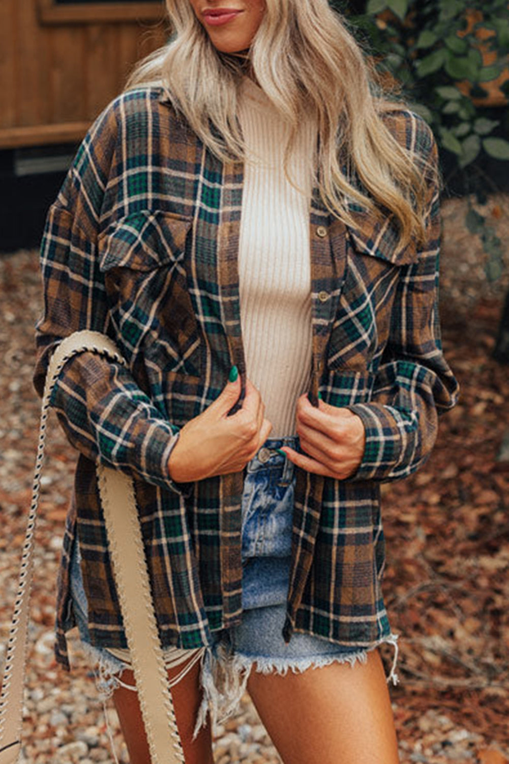 Brown Plaid Print Chest Pockets Buttoned Shirt Jacket - Glimmer Road