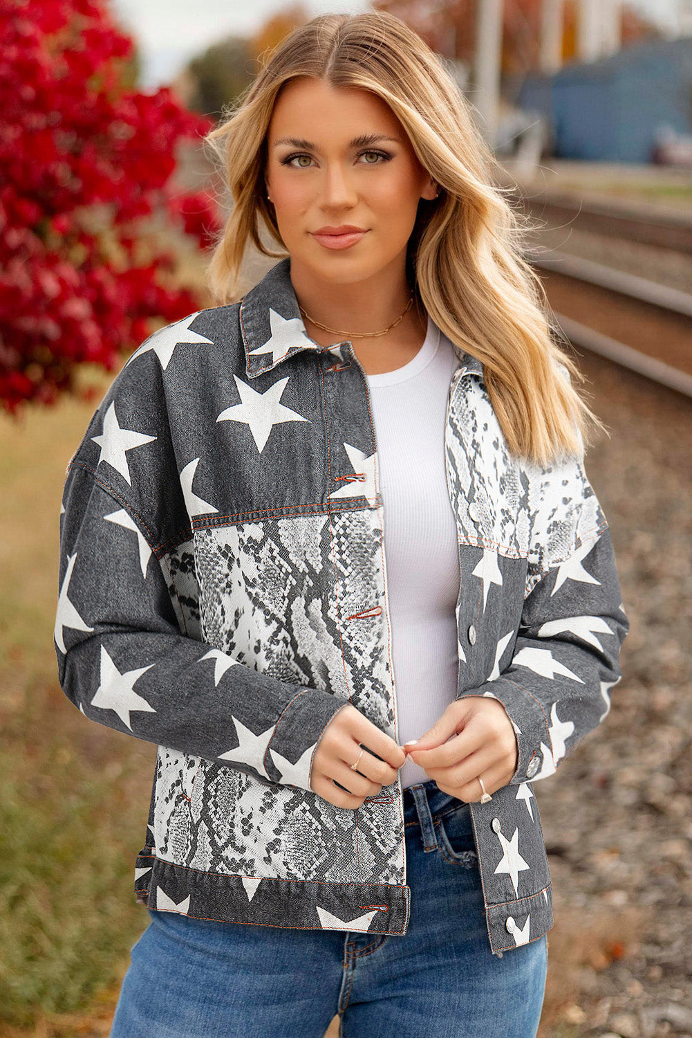 Black Star Snakeskin Printed Patchwork Denim Jacket - Glimmer Road