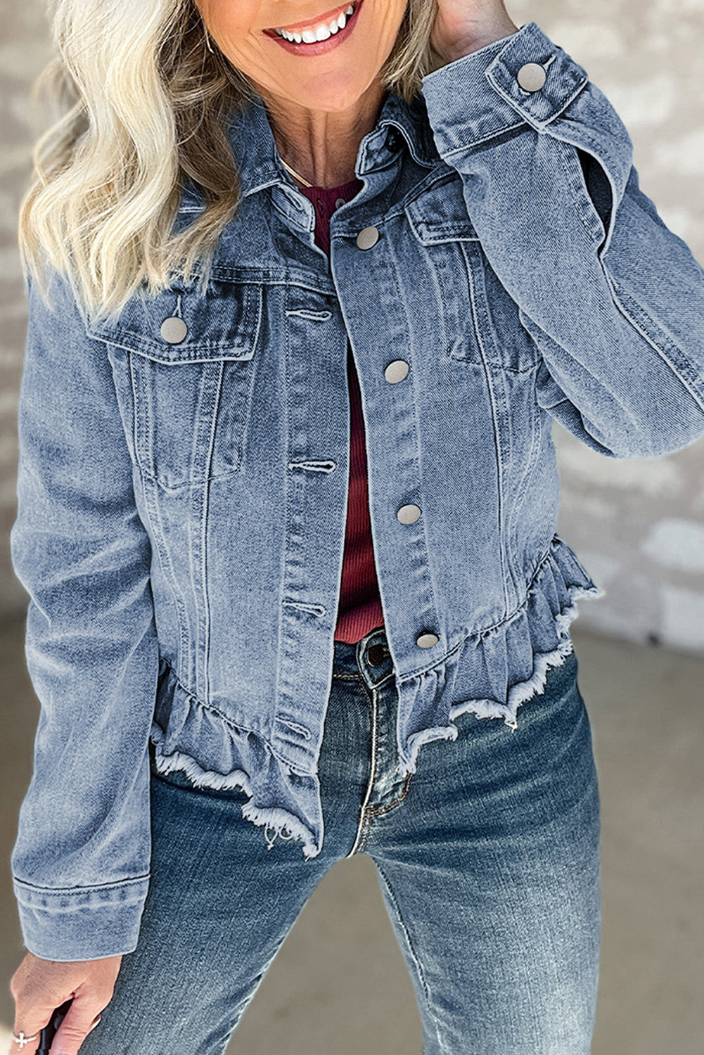 Beau Blue Ruffle Raw Hem Flap Pockets Denim Jacket - Glimmer Road