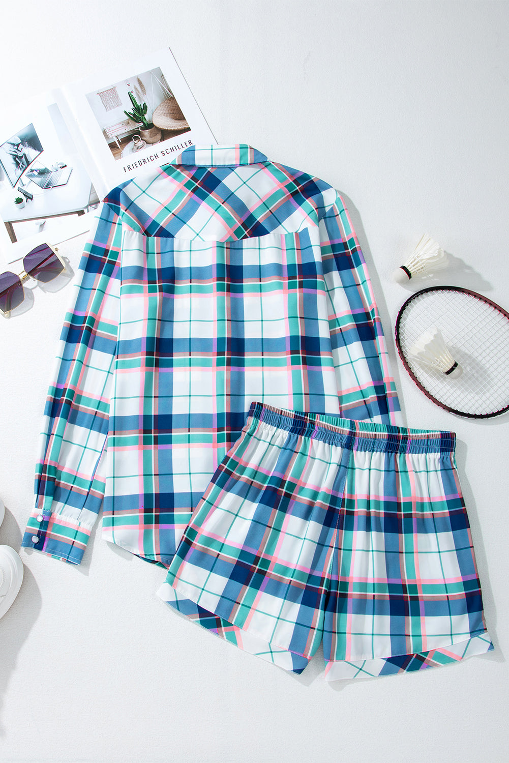 Blue Plaid Print Shirt and Shorts 2Pcs Lounge Set - Glimmer Road
