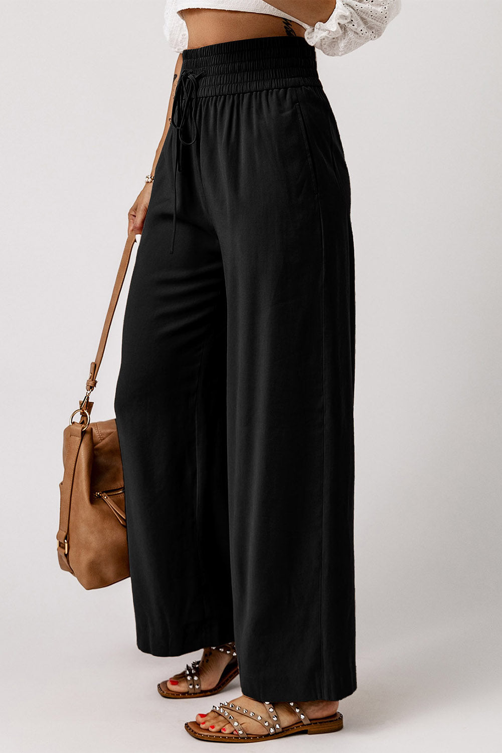 Black Drawstring Elastic Waist Casual Wide Leg Pants - Glimmer Road