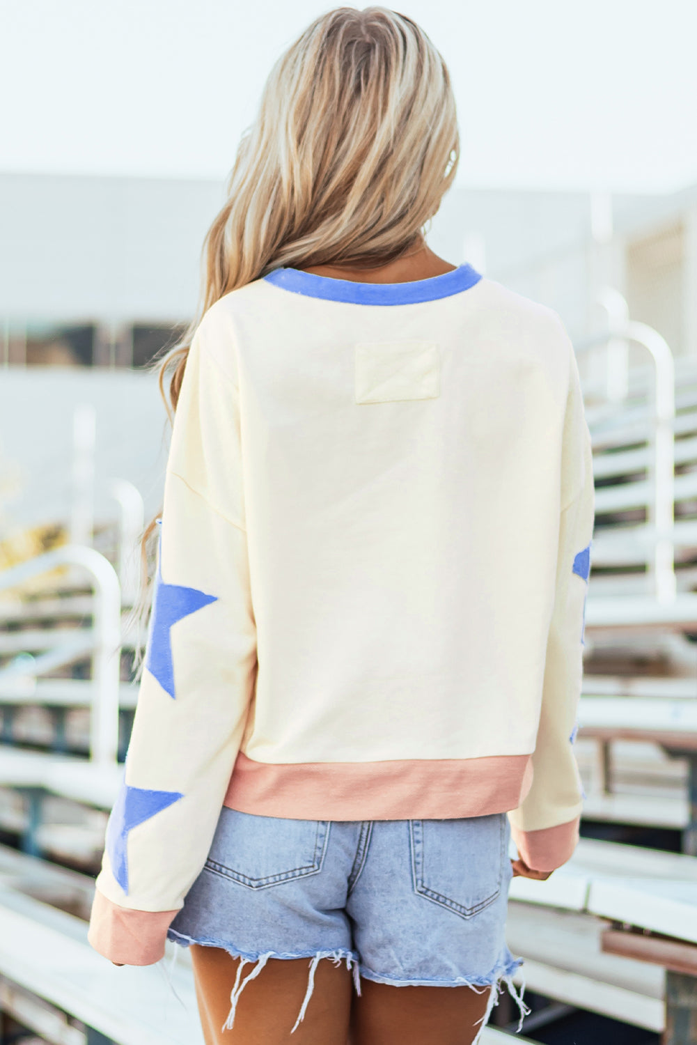 Beige Star Patchwork Exposed Seam Oversized Sweatshirt - Glimmer Road