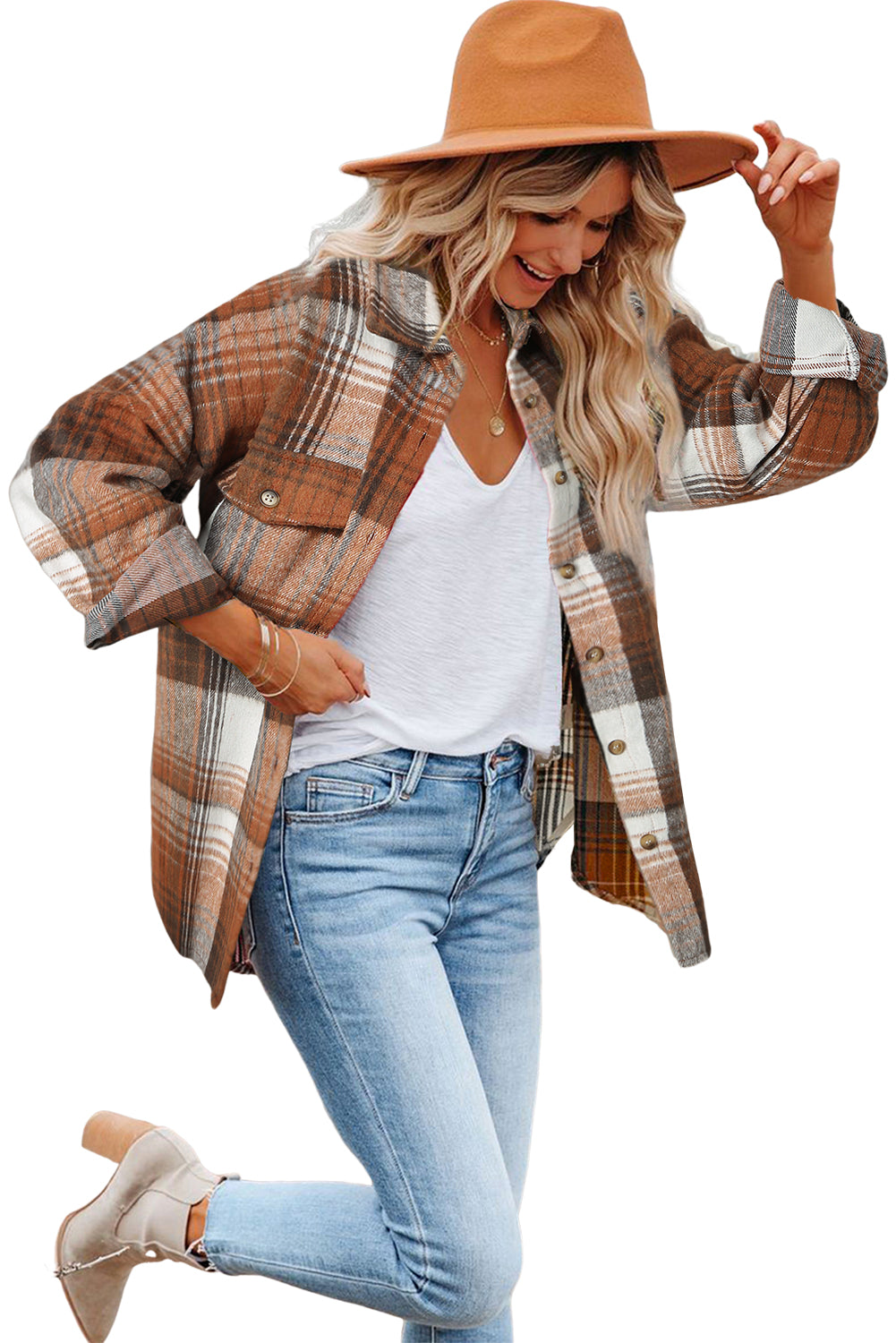 Brown Plaid Flap Pockets Shacket - Glimmer Road