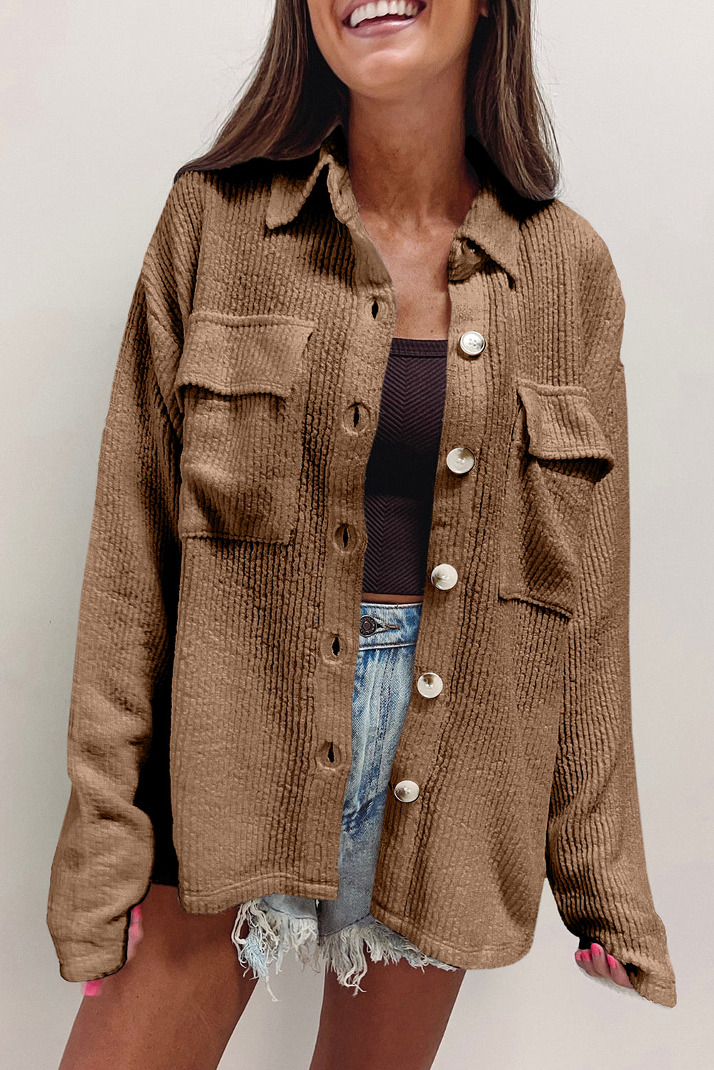 Dark Khaki Solid Color Corduroy Buttoned Long Sleeve Shacket - Glimmer Road