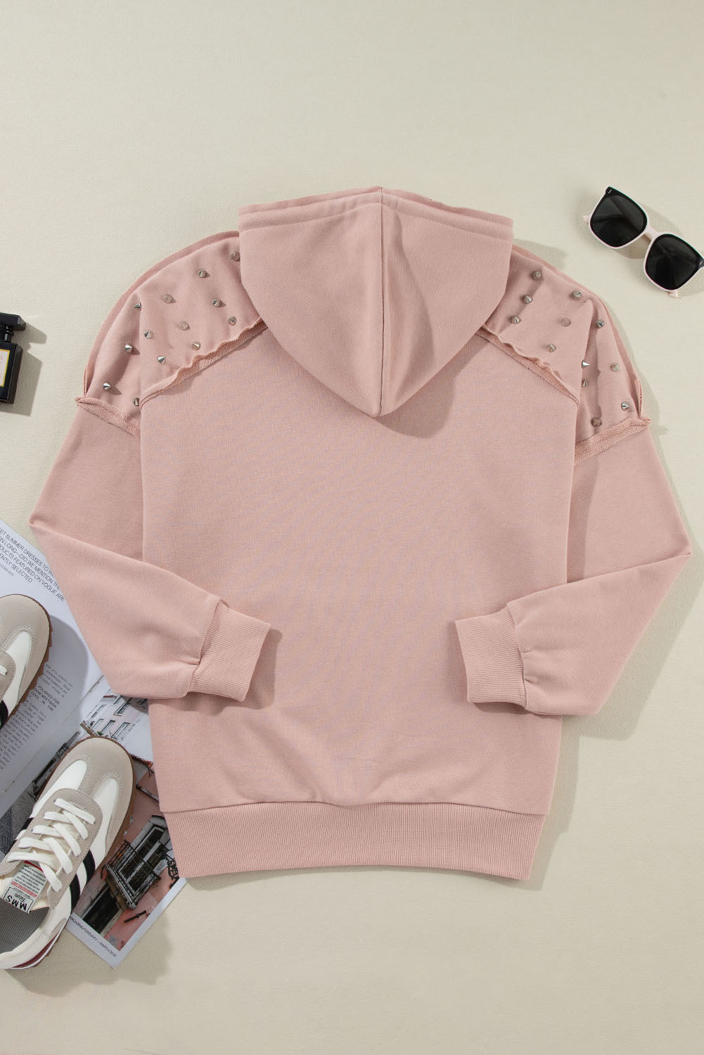 Fushia Solid Color Rivet Stud Raglan Sleeve Hoodie with Pocket - Glimmer Road
