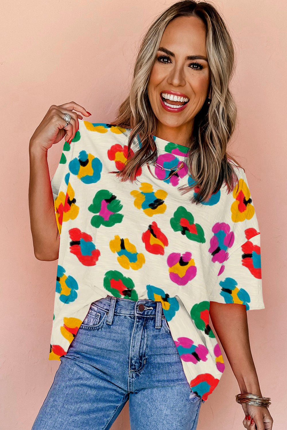 Apricot Leopard Drop Shoulder Oversize Tee - Glimmer Road