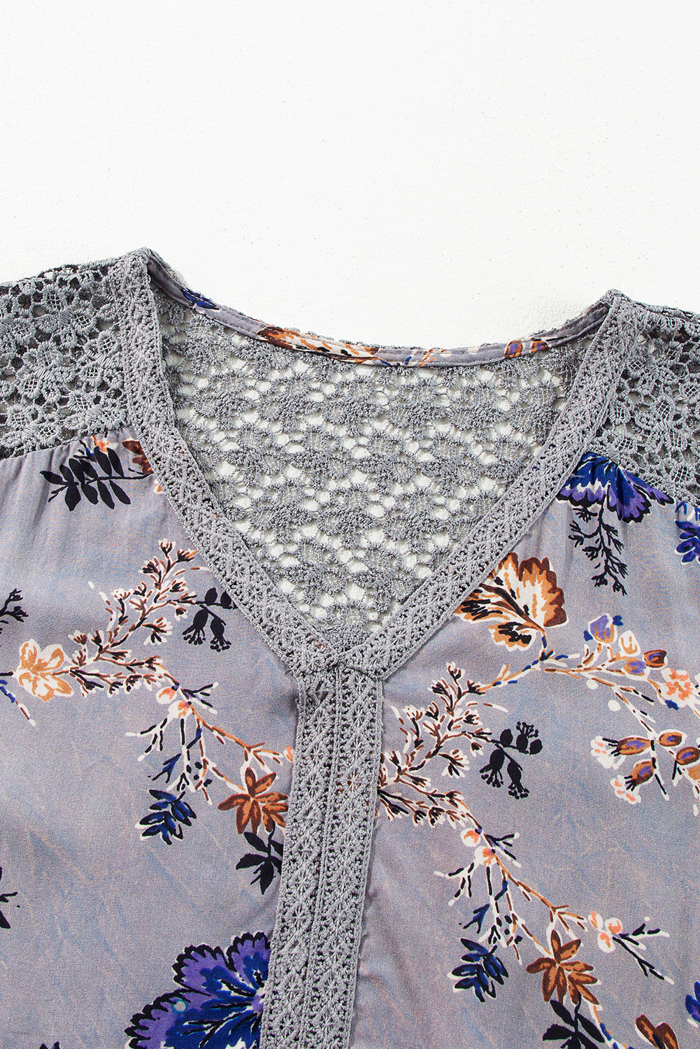 Sky Blue Floral Print Lace Patchwork Knot Front V Neck Blouse - Glimmer Road