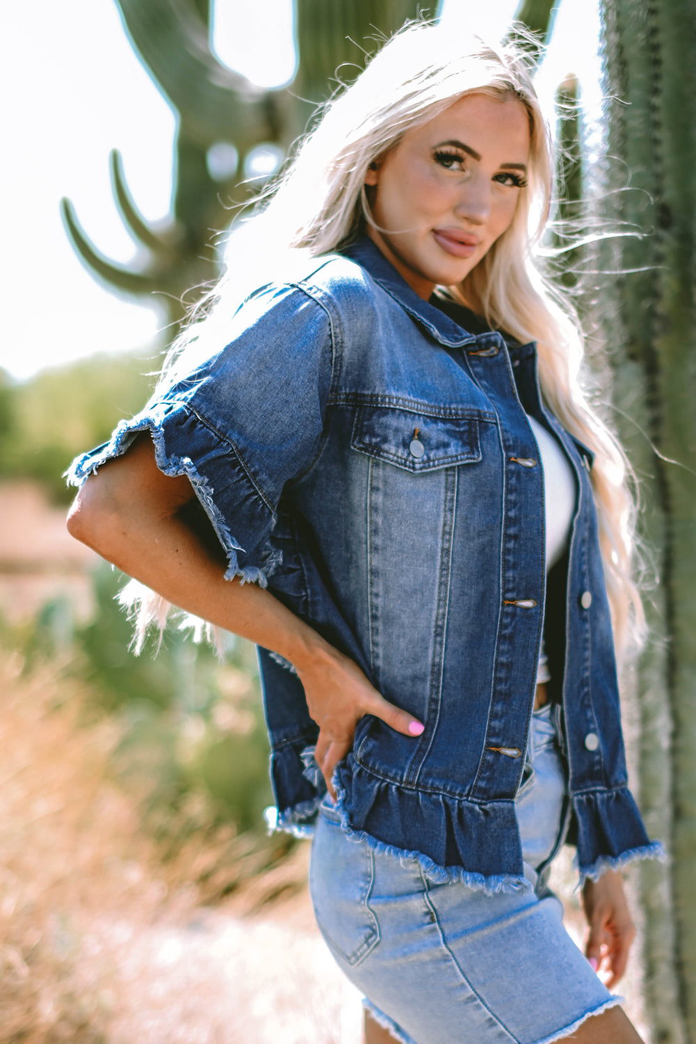 Peacock Blue Raw Edge Ruffled Short Sleeve Denim Jacket - Glimmer Road