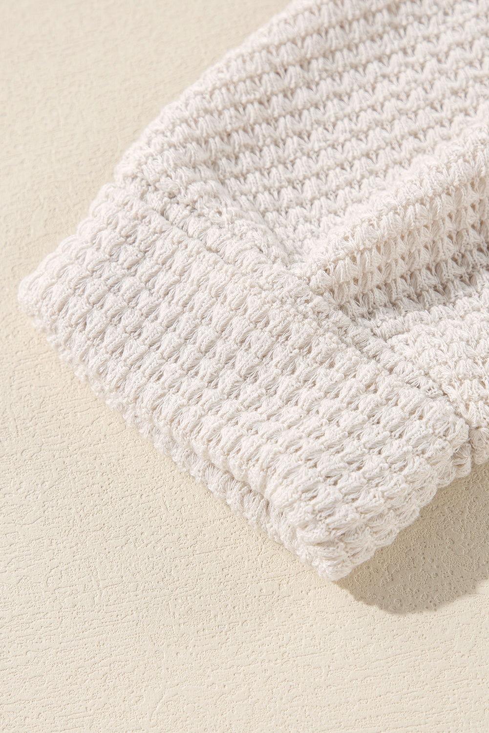White Waffle Knit Side Slits Loose Fit V Neck Top - Glimmer Road