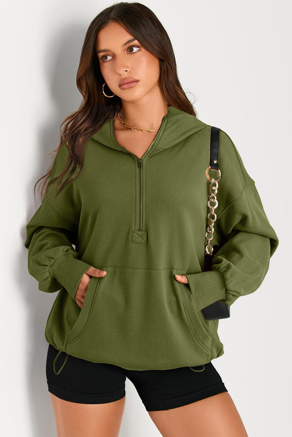 Orange Solid Kangaroo Pocket Half Zipper Oversized Hoodie - Glimmer Road