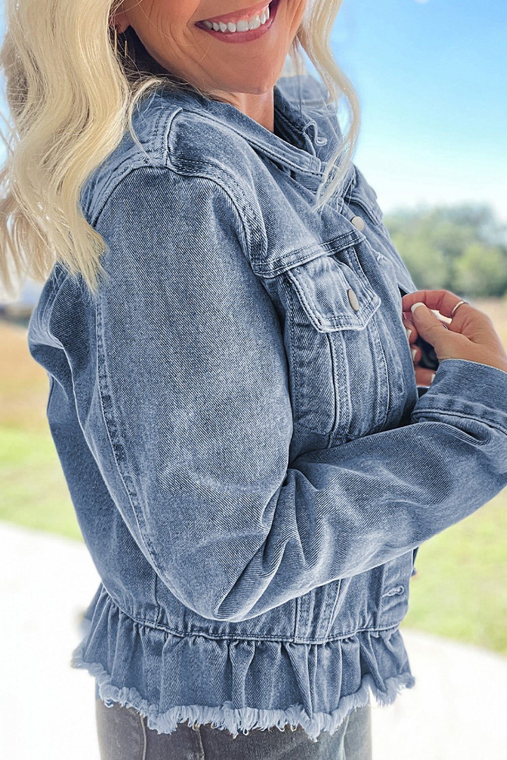 Beau Blue Ruffle Raw Hem Flap Pockets Denim Jacket - Glimmer Road